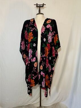 L.I.F.E. Black Floral Kimono Swimsuit Cover-Up Boho Festival 2X